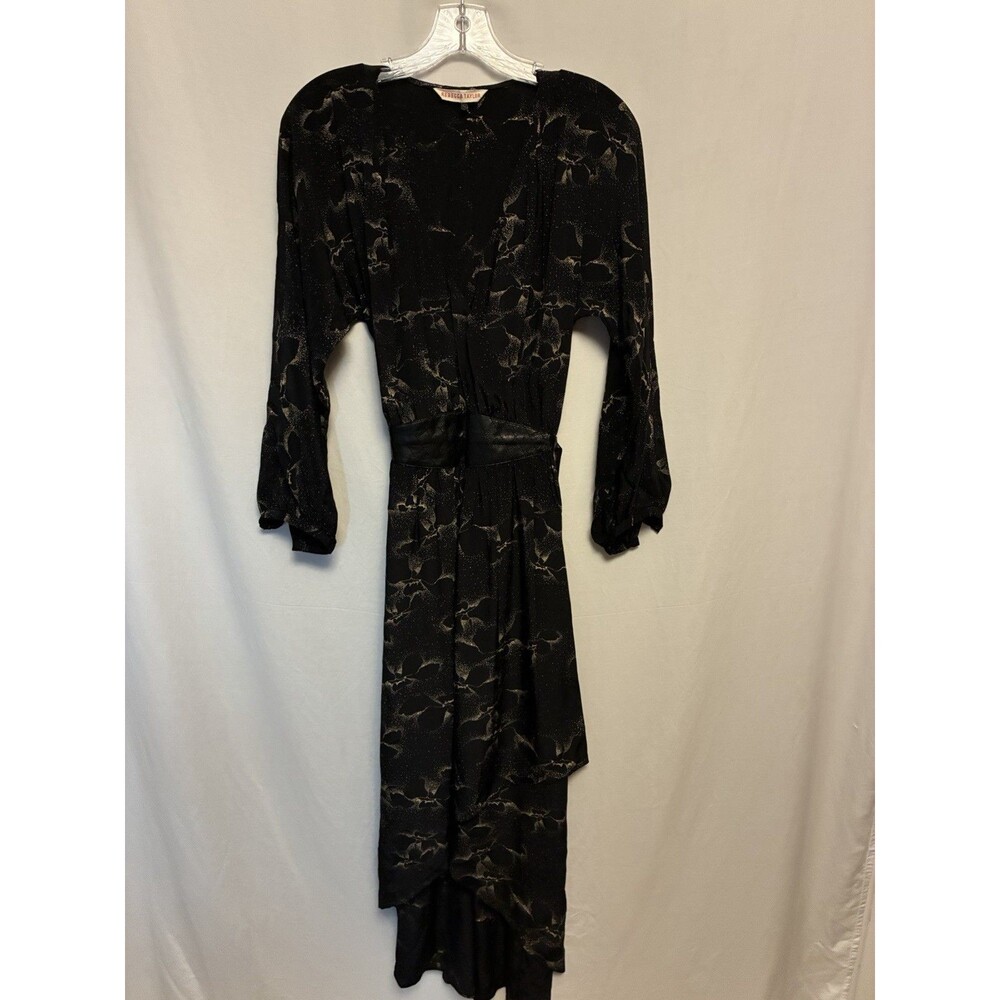Rebecca Taylor Dress Size 6 100% Silk Black Long Dress Wrap Leather